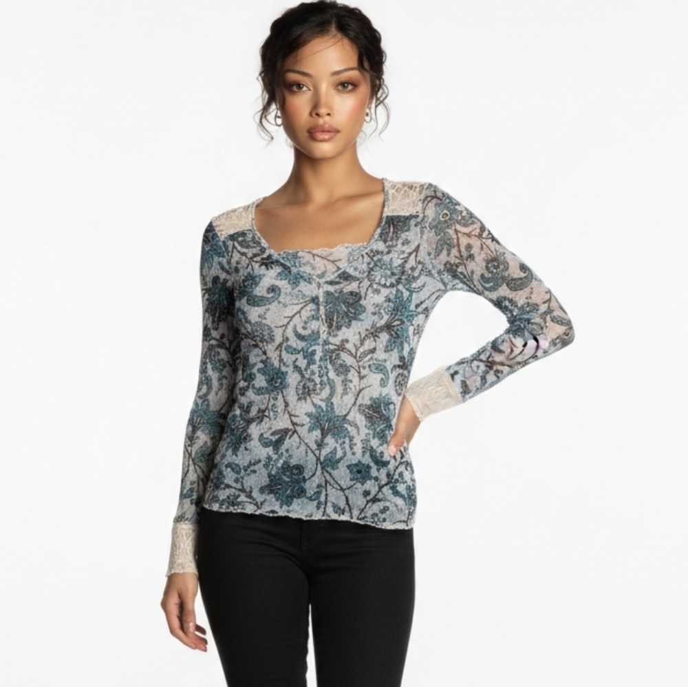 Y2K 90's Blue Floral Semi Sheer Mesh Tulle Beige Lace Trim Fitted Henley Top S E - Picture 12 of 12